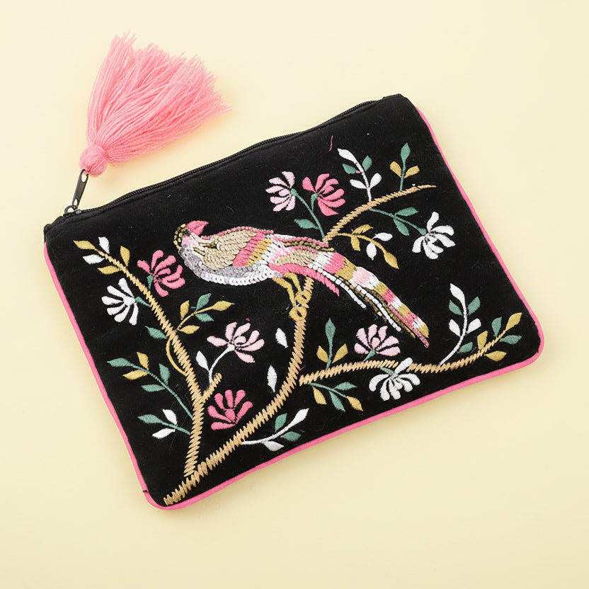 Embellished Tropical Bird Velvet Coin Purse - 81738 - Uneeka
