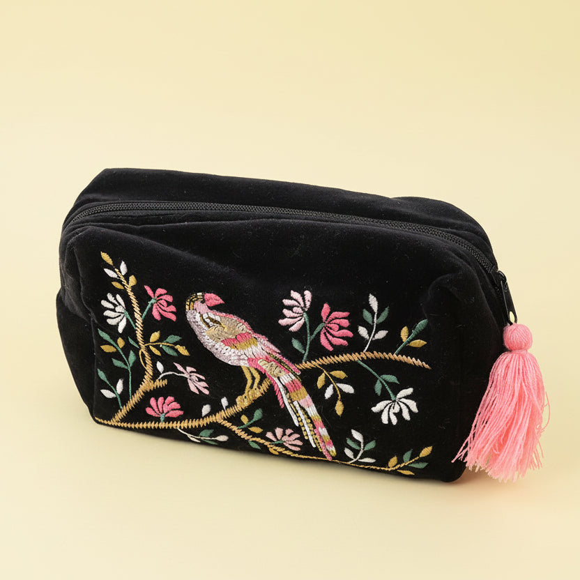 Black Embellished Tropical Bird Velvet Wash Bag with Pink Tassel - 81739 - Uneeka