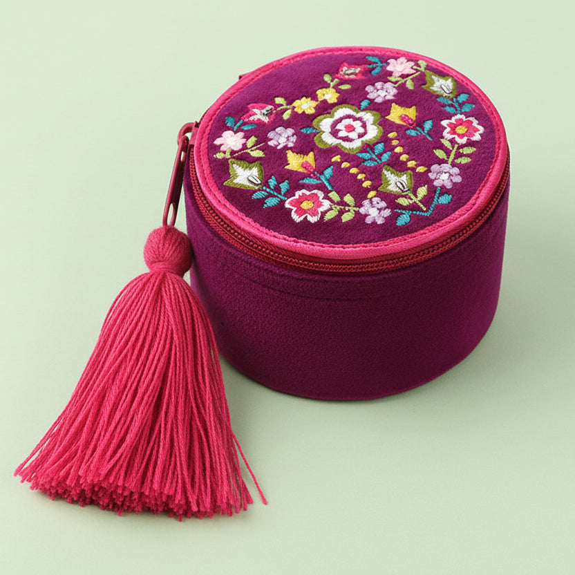 Small Embroidered Pink Velvet Jewellery Box With Tassel - 81743 - Uneeka
