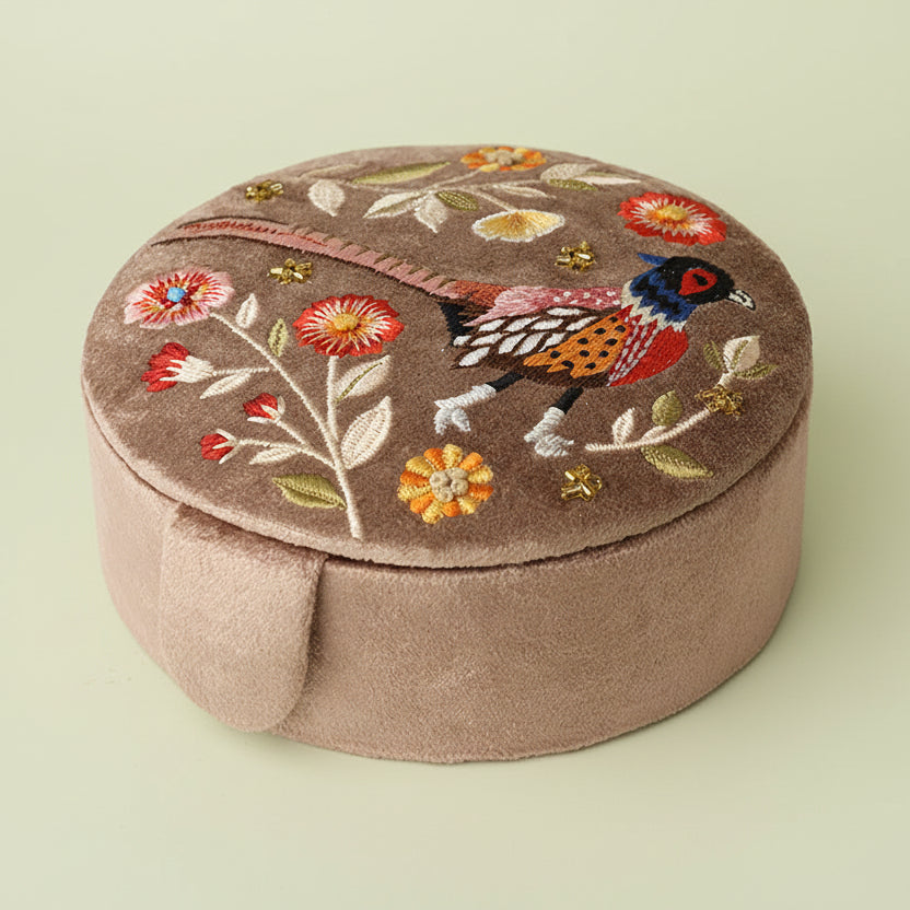 Embroidered Pheasant Round Velvet Jewellery Box - 81748 - Uneeka