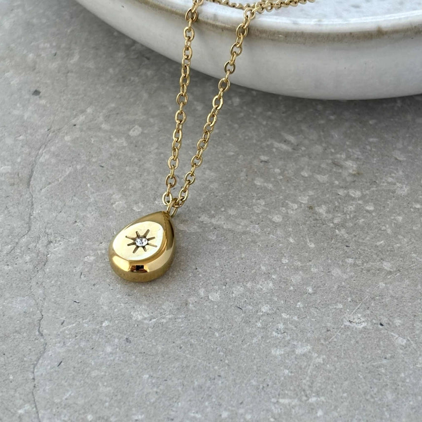 Gold Teardrop Pendant Necklace With Zirconia Star - NCK014 - Uneeka