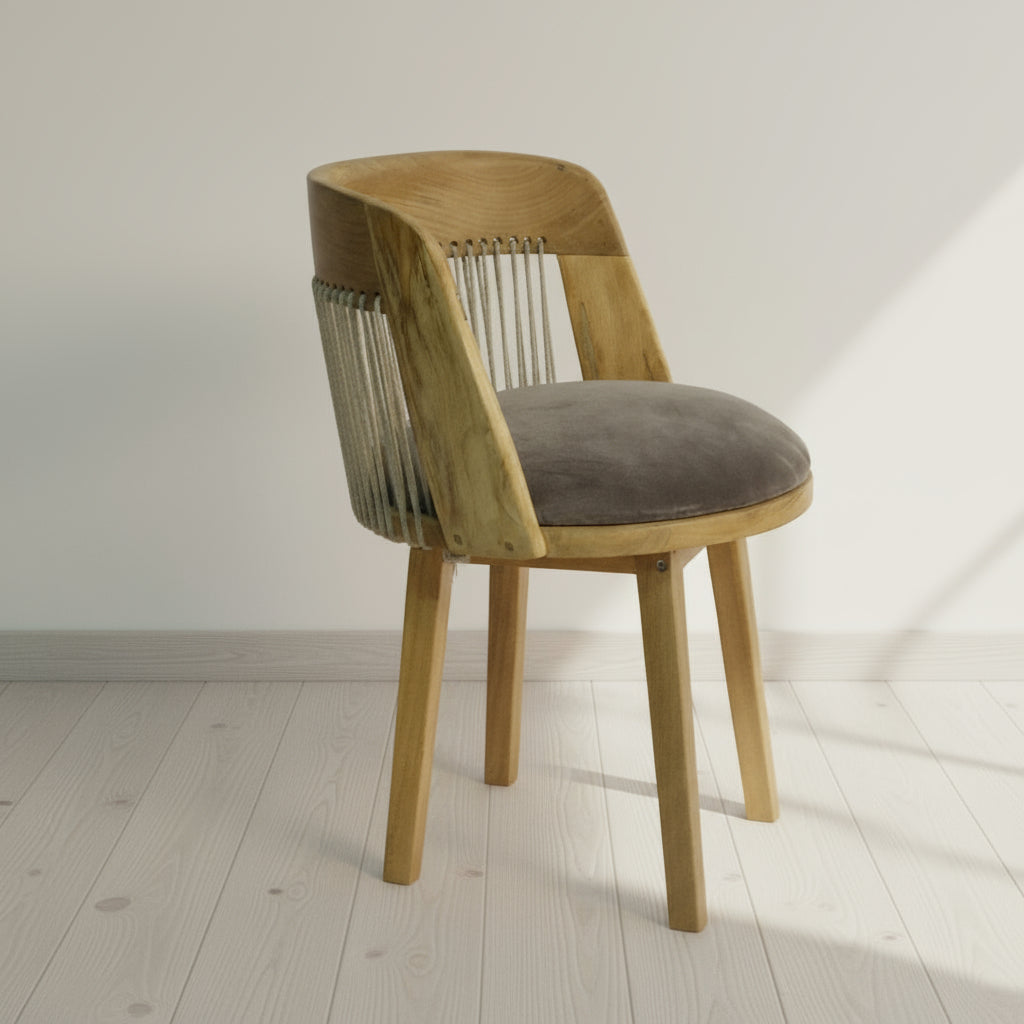 String Back Mango Wood Chair With Velvet Seat