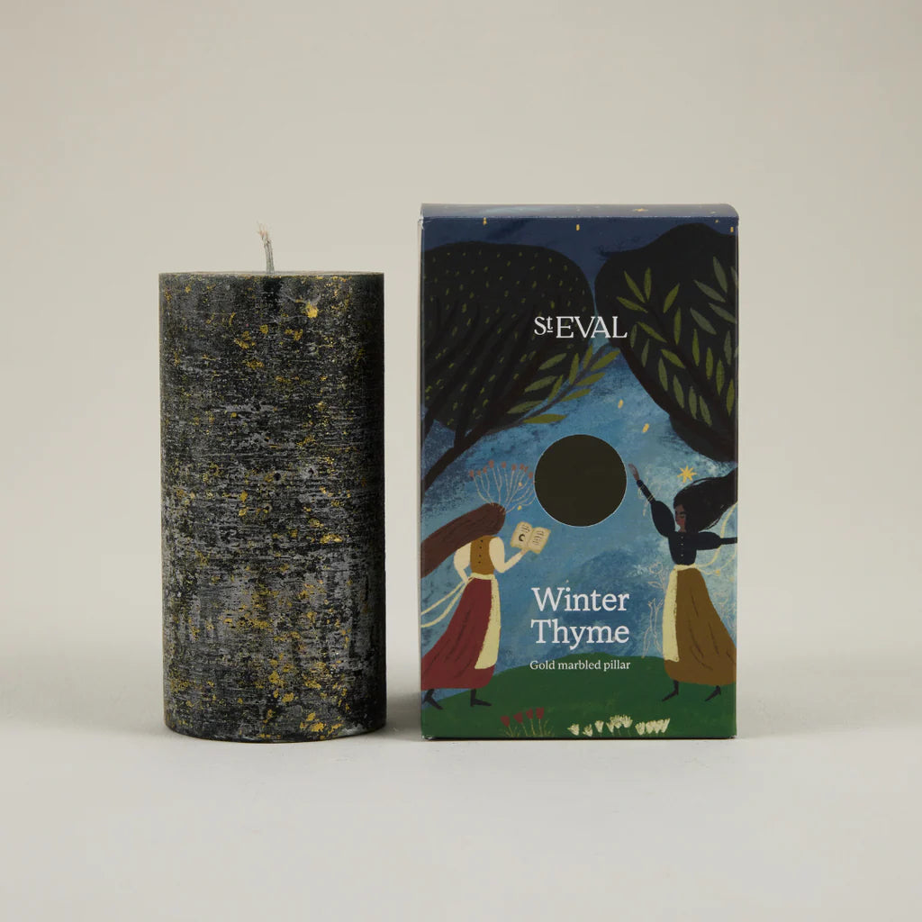 Gold Marbled Pillar Candle Winter Thyme - F00791 - Uneeka