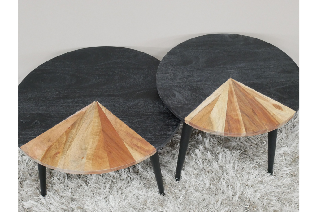 Acacia Wood & Black Iron Coffee Table table tops, three quarters black and one quarter acacia wood