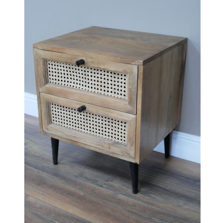Acacia Wood & Rattan Two Drawer Bedside Cabinet