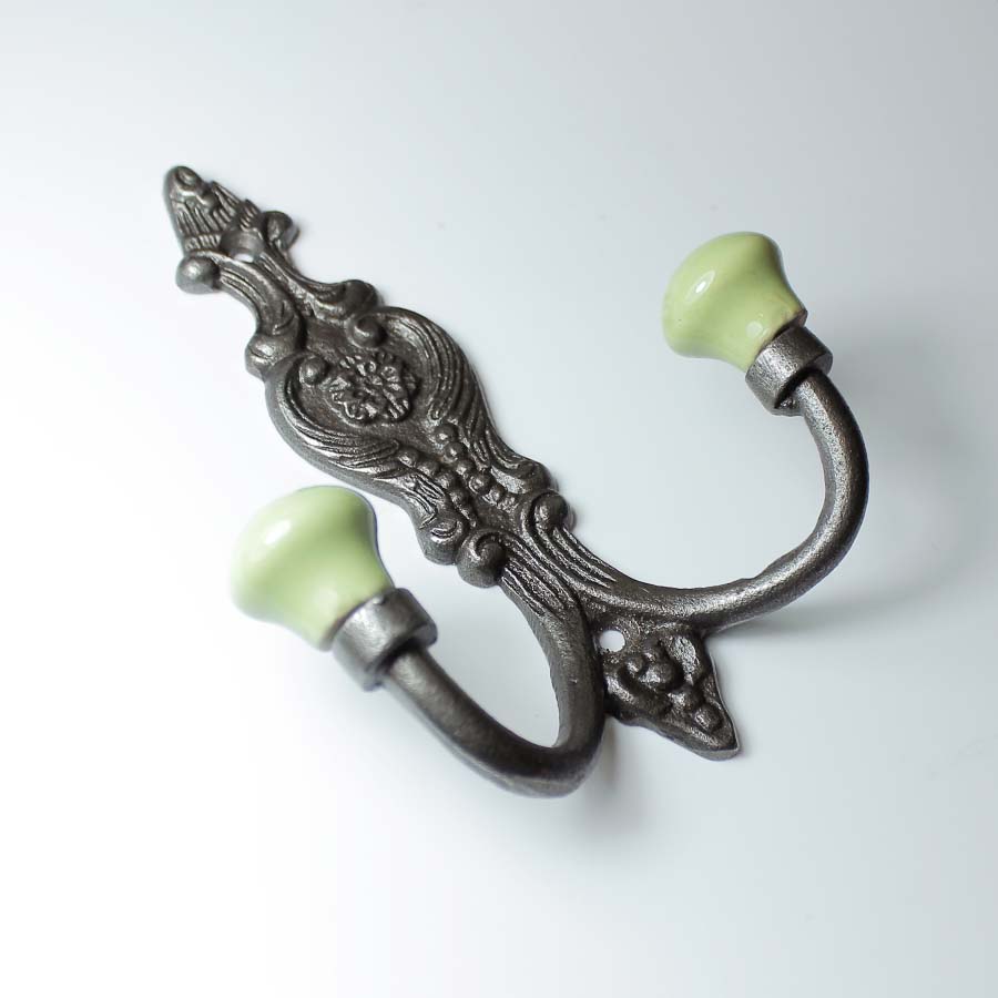 Antique Brass French Style Hat & Coat Hook with Ceramic Ball Tops Green