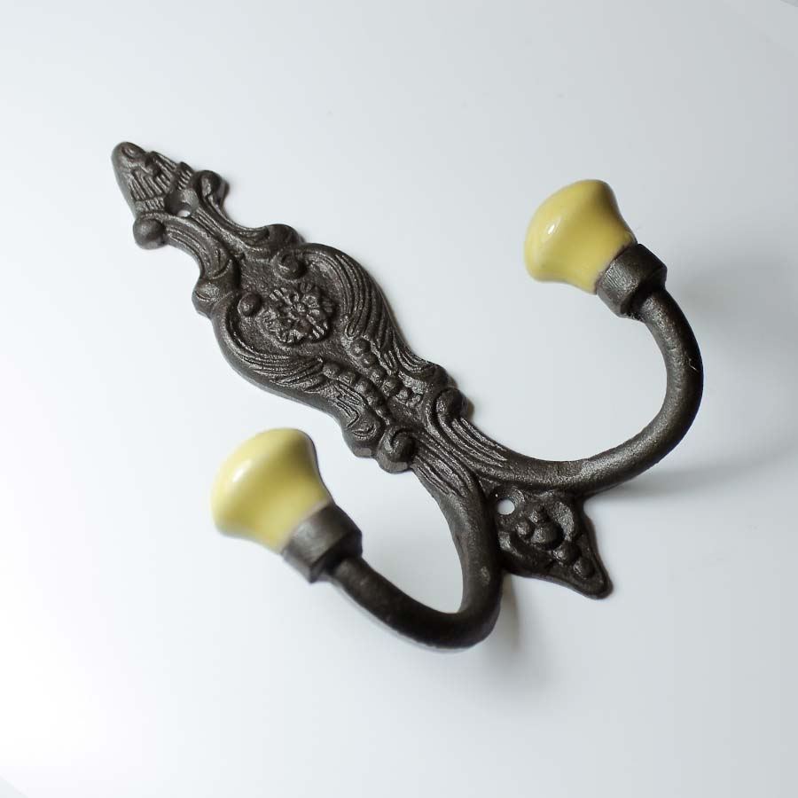 Antique Brass French Style Hat & Coat Hook with Ceramic Ball Tops Yellow