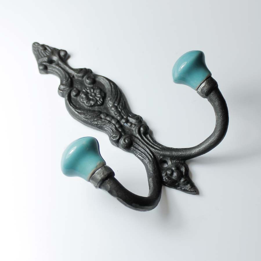 Antique Iron French Style Hat & Coat Hook with Ceramic Ball Tops Turquoise