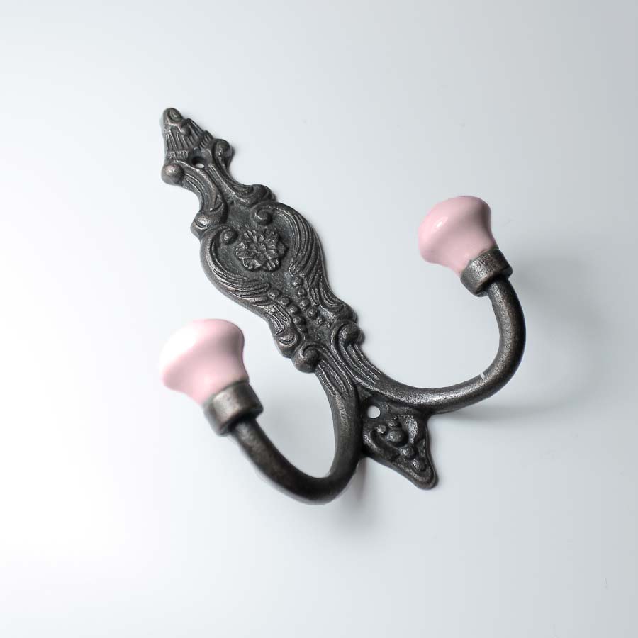 Antique Iron French Style Hat & Coat Hook with Ceramic Ball Tops Pink