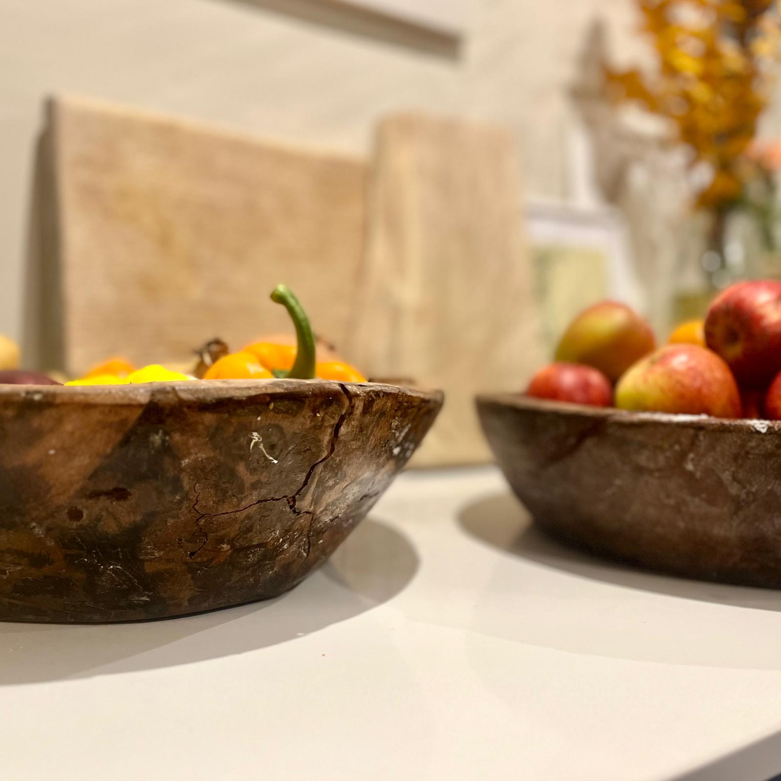 Antique Round Wooden Decorative Bowl Uneeka closeup