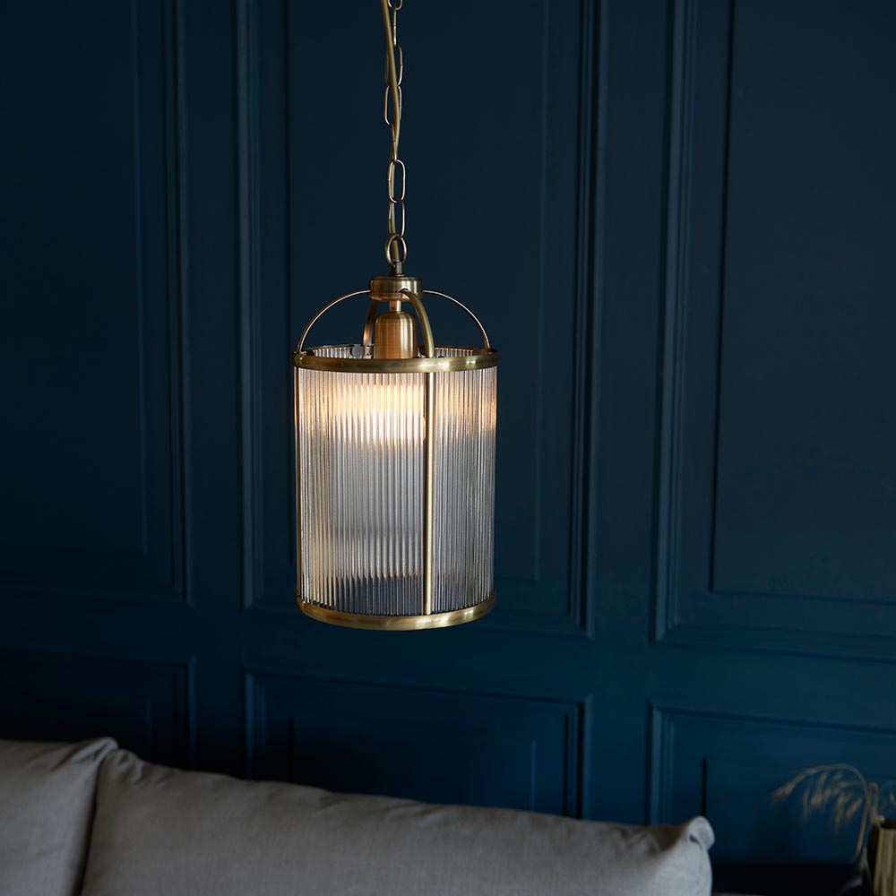 Antique Brass Ribbed Glass Pendant - 106710 - Small - Uneeka Lighting