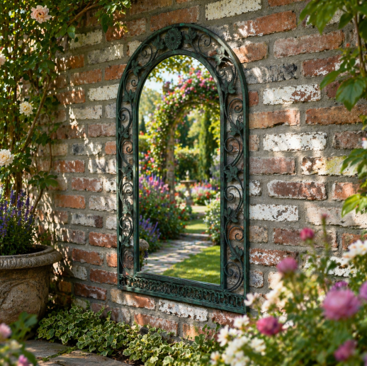 Antique Finish Ornate Metal Garden Mirror - 11685 - Uneeka