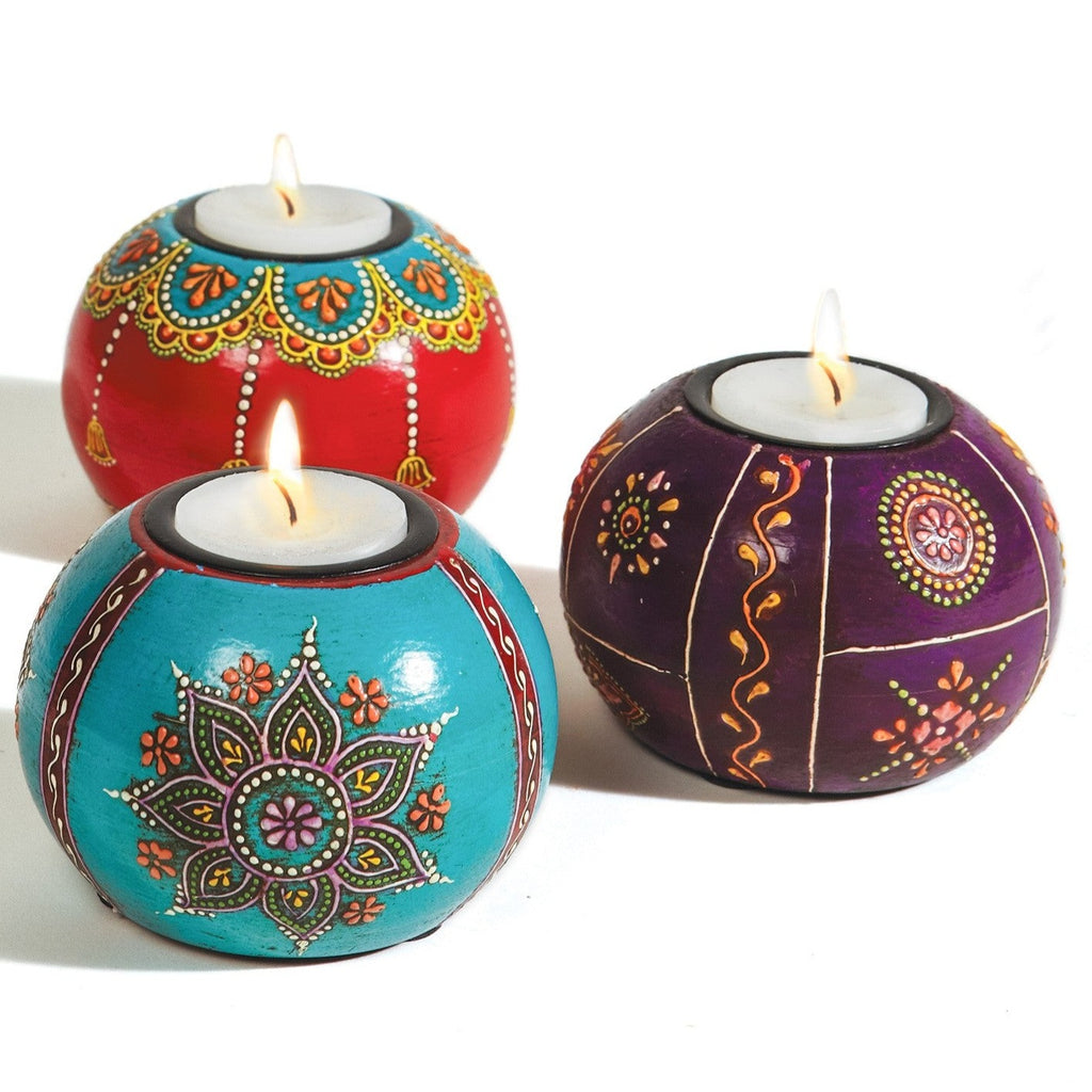 Assorted Colour Hand Painted Wooden Round Tealight Holder
