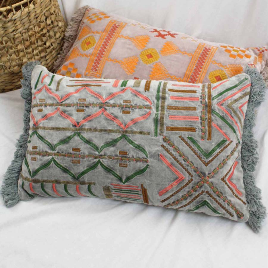 Grey Aztec Embroidered Cushion with Tassel Trim - Pink/Green