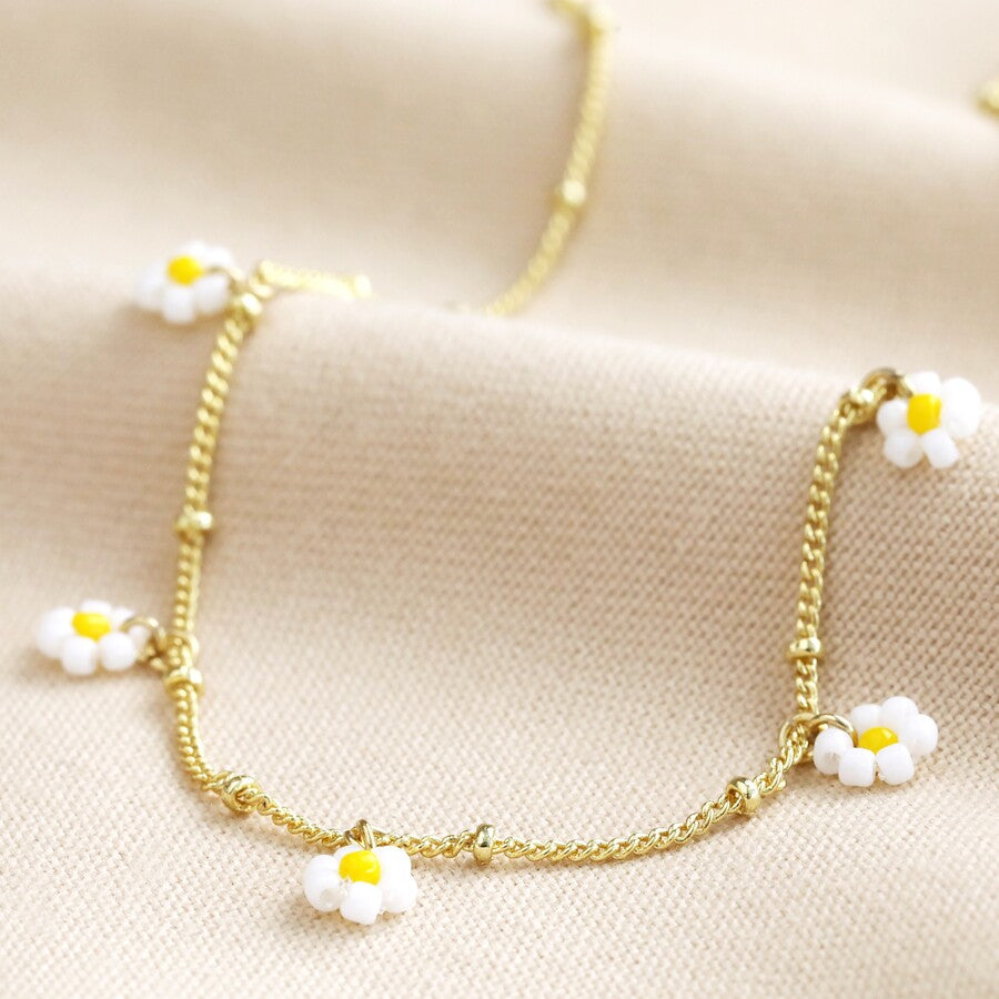Beaded White Daisy Satellite Gold Chain Necklace 
