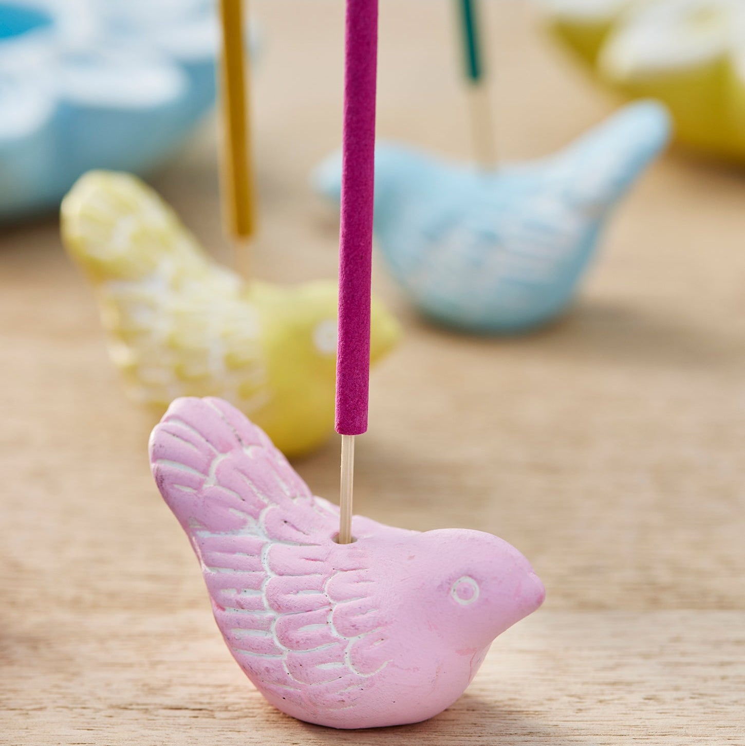 Assorted Colour Bird Incense Holder Blue Pink Yellow Uneeka