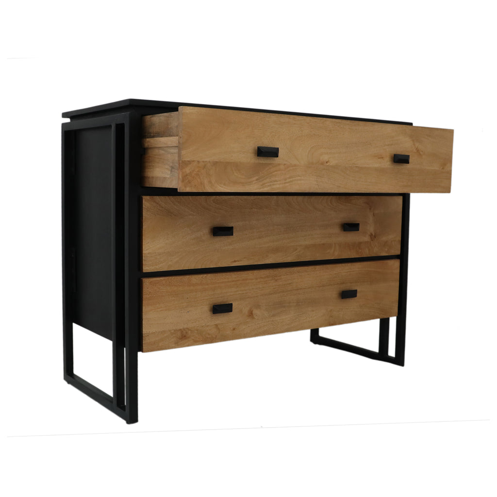 Black Metal Frame Wooden Chest of Drawers angled view and open drawer - mango wood