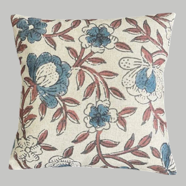 Block Print Blue & Red Floral Cushion - Uneeka