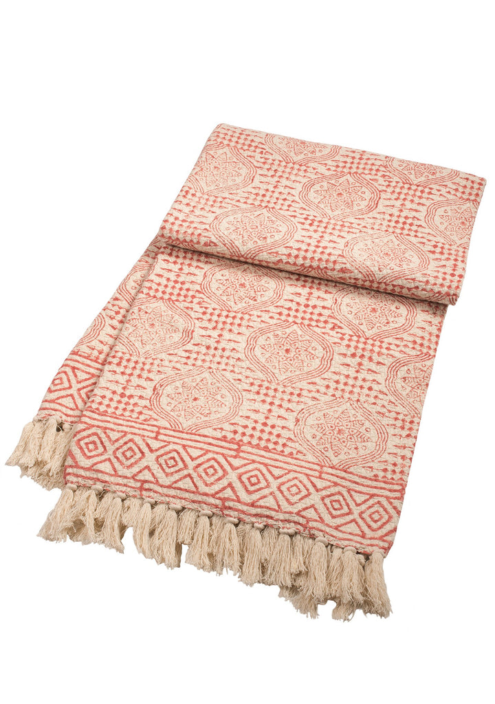 Block Print Cotton Throw with Tassels- Red