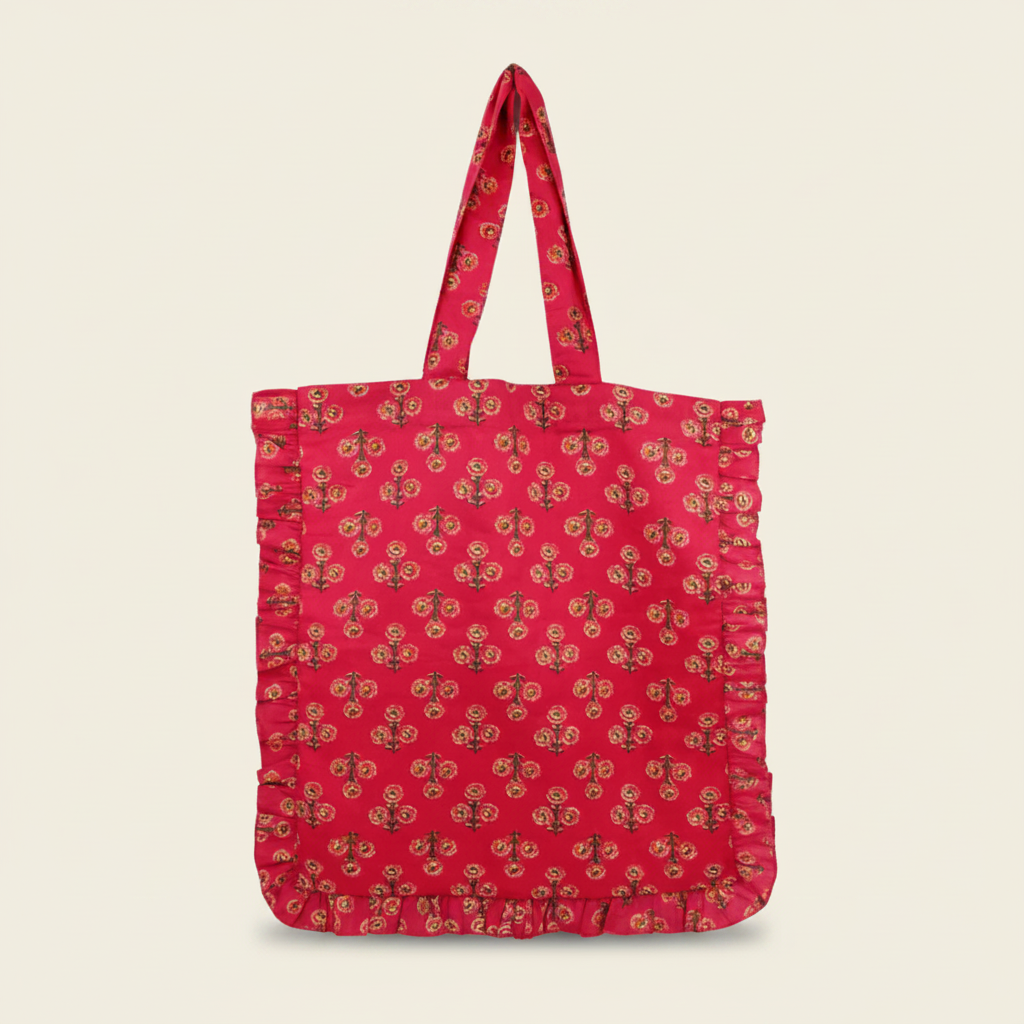 Block Print Frill Edge Tote Bag - BAG0657 - Uneeka