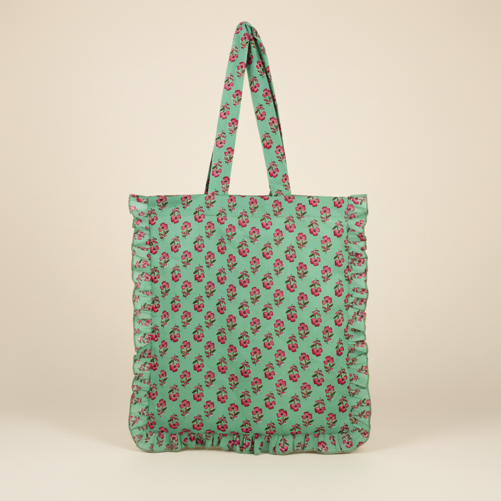 Block Print Frill Edge Tote Bag - BAG0656 - Uneeka