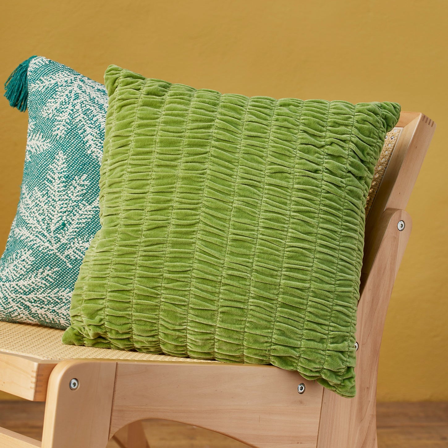 Block Colour Gathered Velvet Cushion - Green - Uneeka
