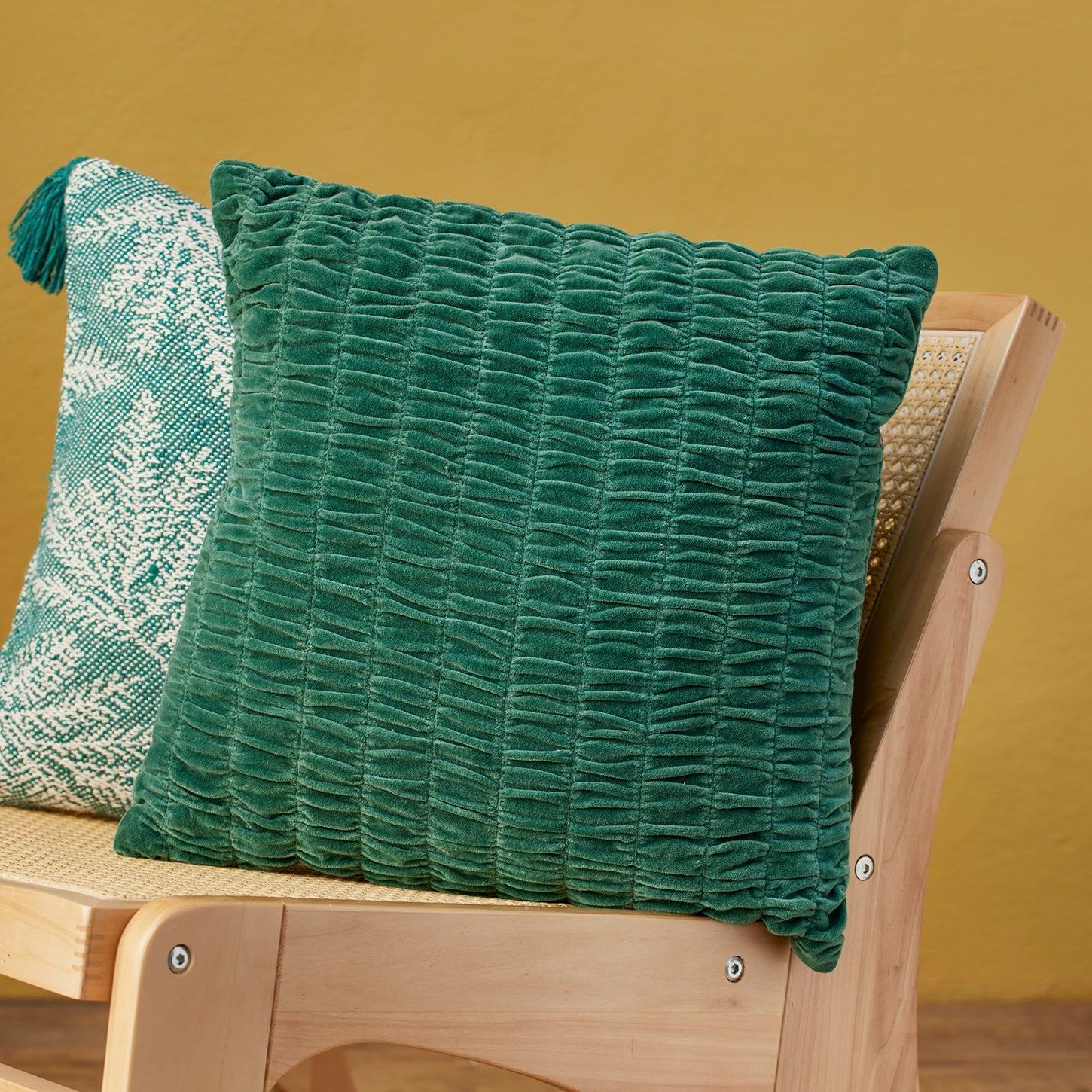 Block Colour Gathered Velvet Cushion - Teal - Uneeka