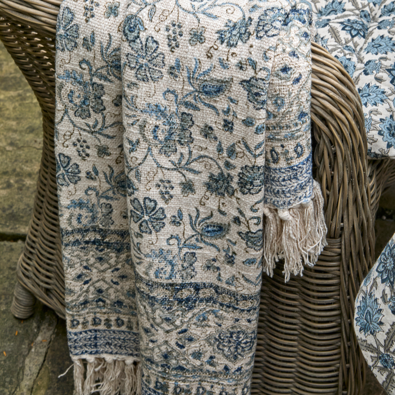 Block Print Blue Floral Cotton Throw With Tassels - JHTI - Uneeka