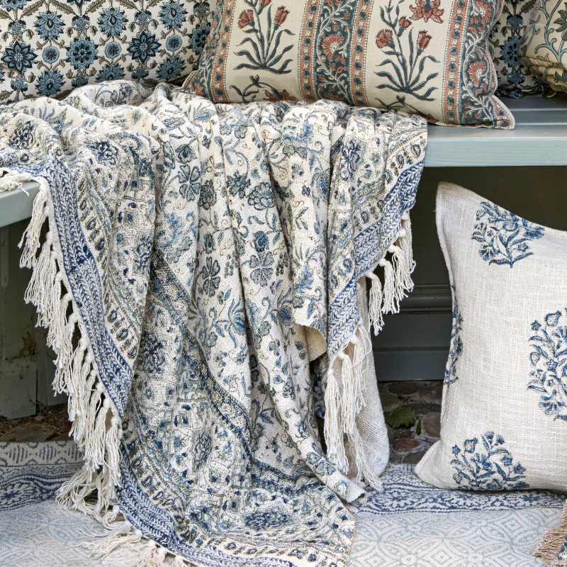 Block Print Blue Floral Cotton Throw With Tassels - JHTI - Uneeka