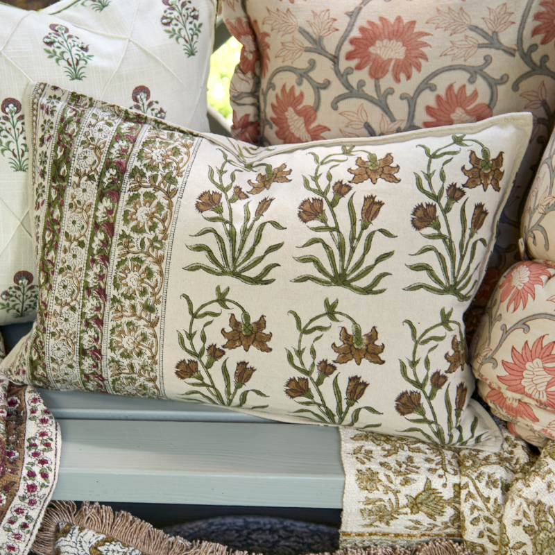 Block Print Floral Rectangular Cushion - ACCC - Uneeka