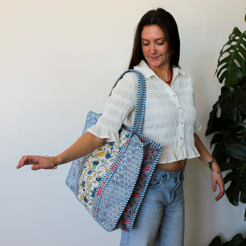 Block Print Patchwork Quilted Shopping Bag - Blue - Uneeka