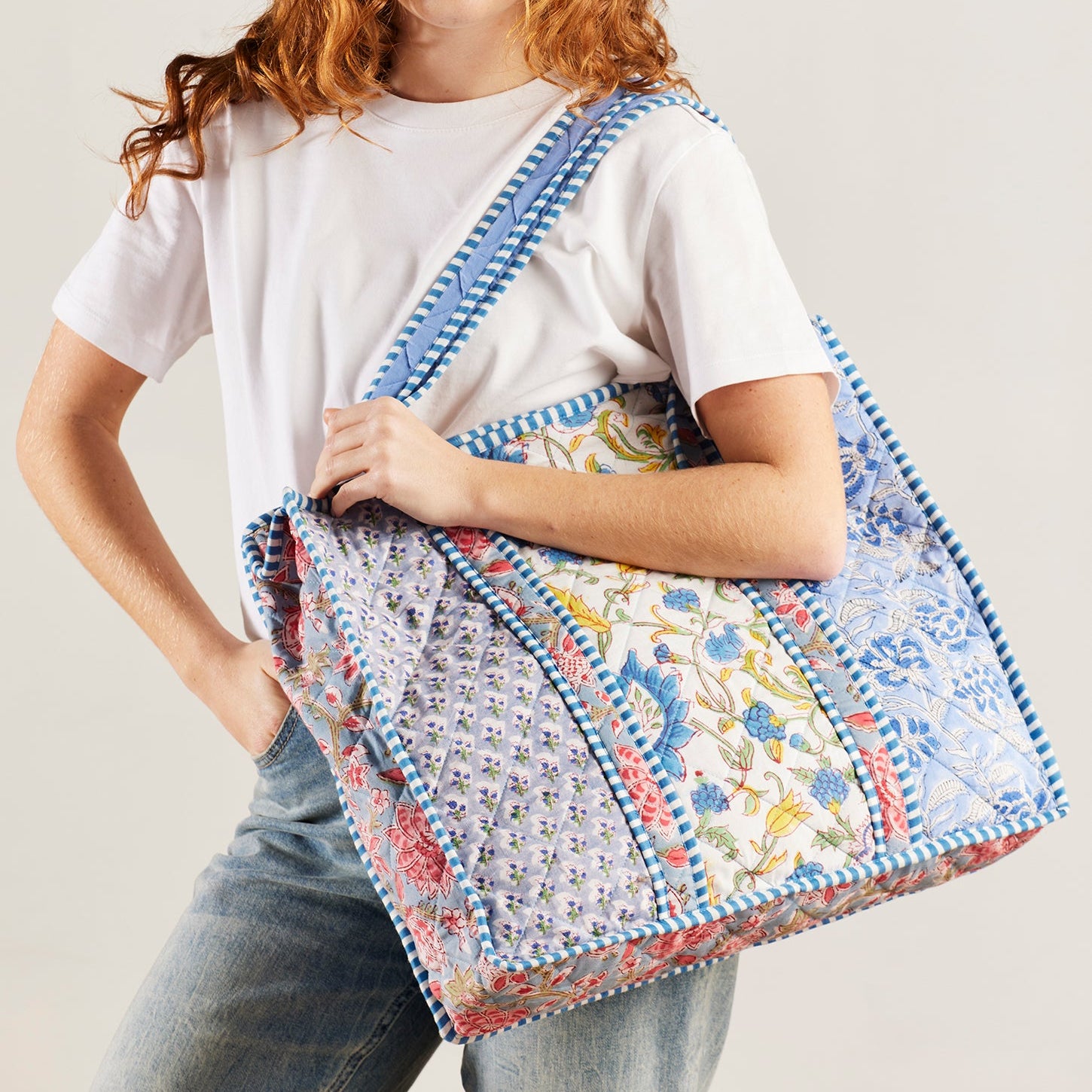 Block Print Patchwork Quilted Shopping Bag - SB14BL - Uneeka