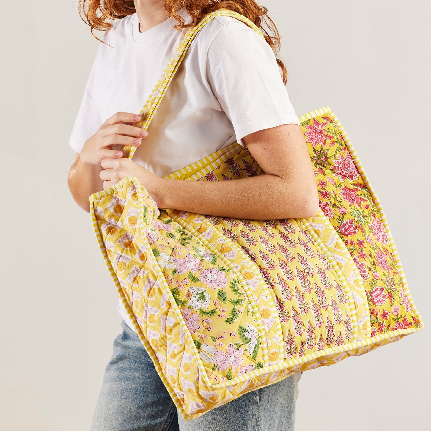Block Print Patchwork Quilted Shopping Bag - SB14Y - Uneeka