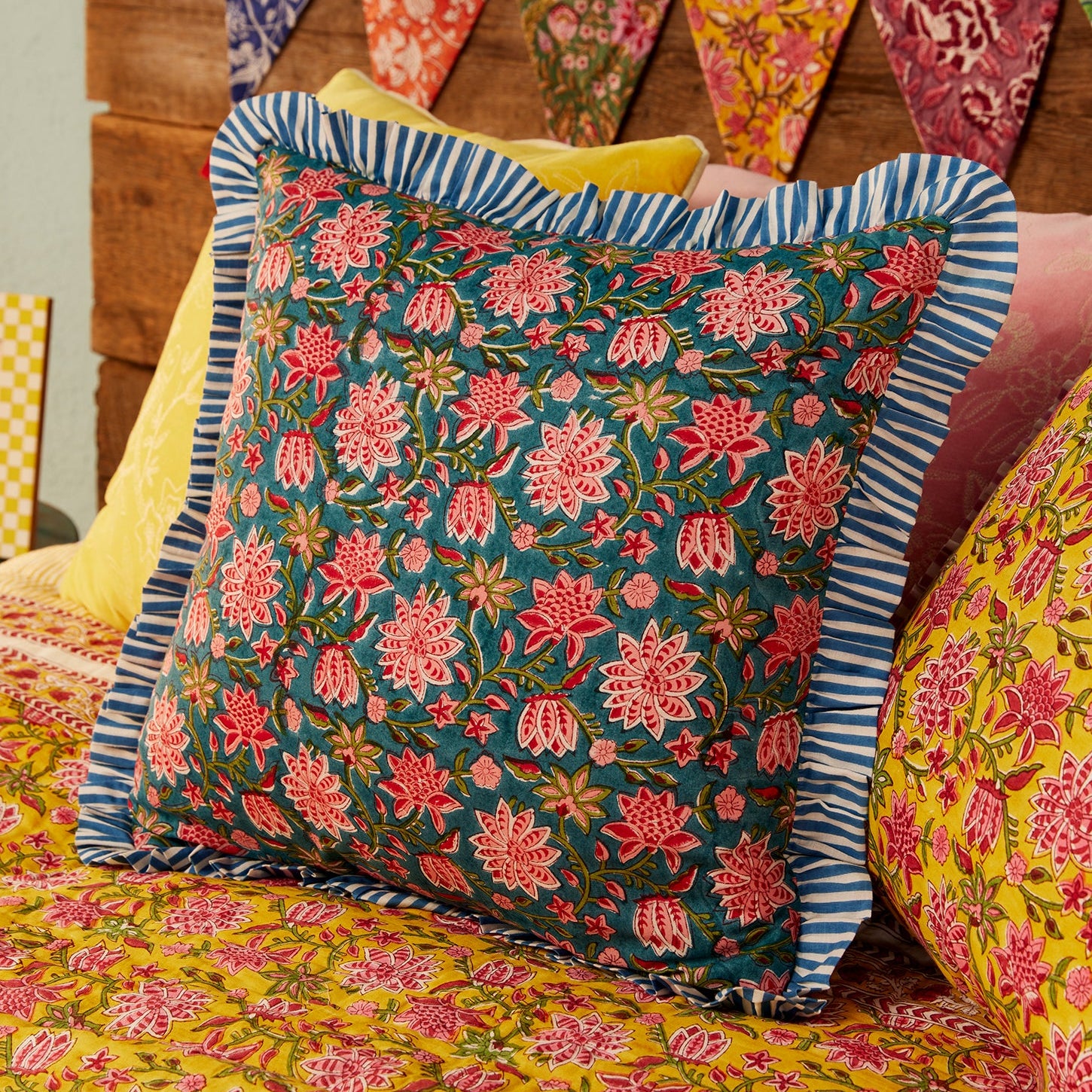 Block Print Ruffle Edge Cushion - Blue - Uneeka