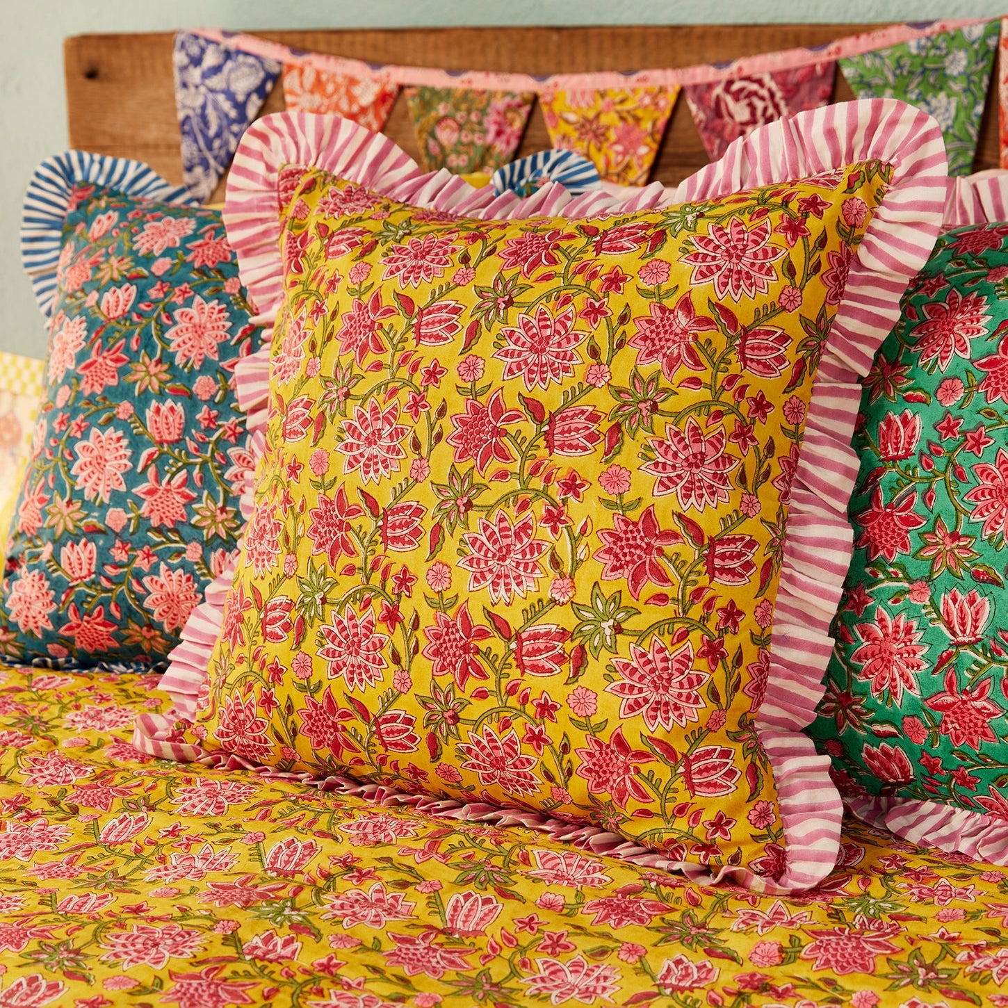 Block Print Ruffle Edge Cushion - Yellow - Uneeka