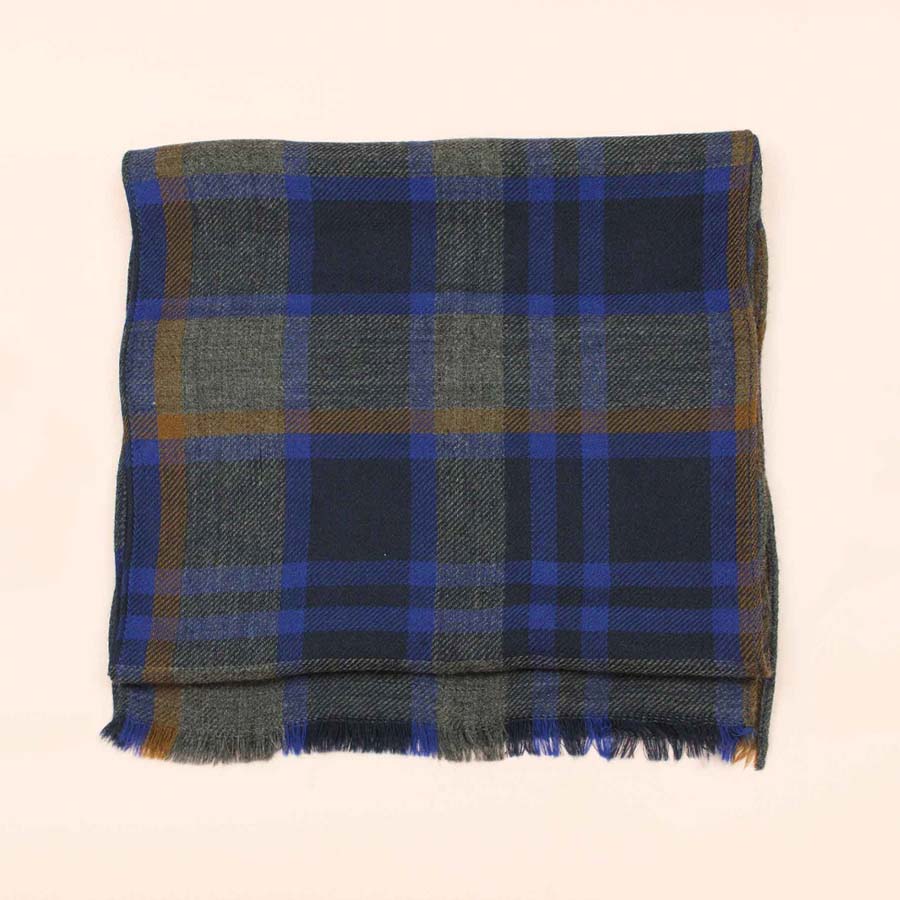 Blue 100% Wool Check Scarf