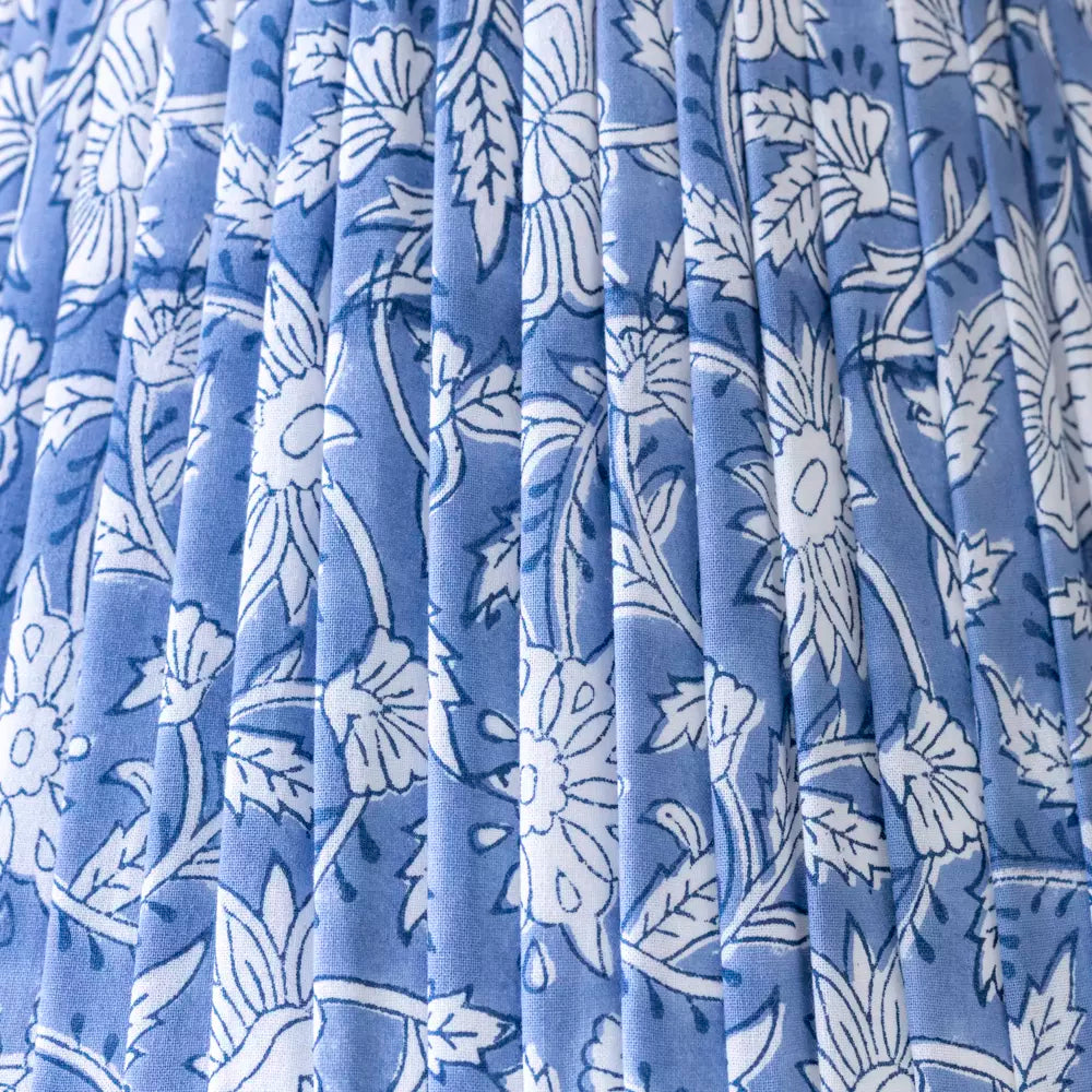 Blue Floral Pure Cotton Pleated Lampshade close up blockprint blue design