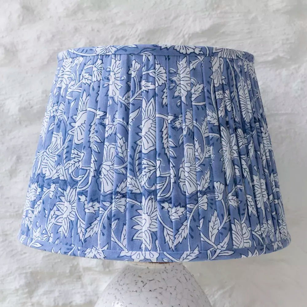 Blue Floral Pure Cotton Pleated Lampshade on white lamp base