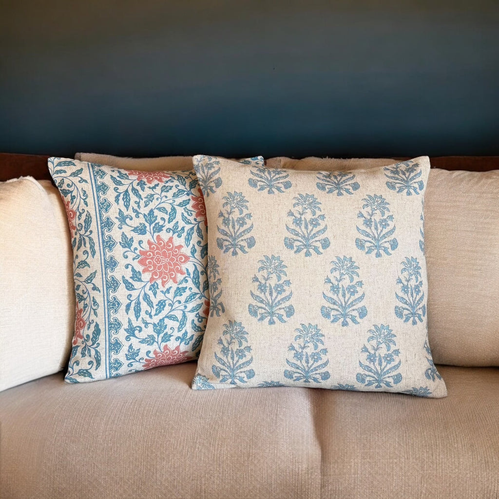 Blue Flower Block Print Cushion - Umpelito, blue cushion - Uneeka
