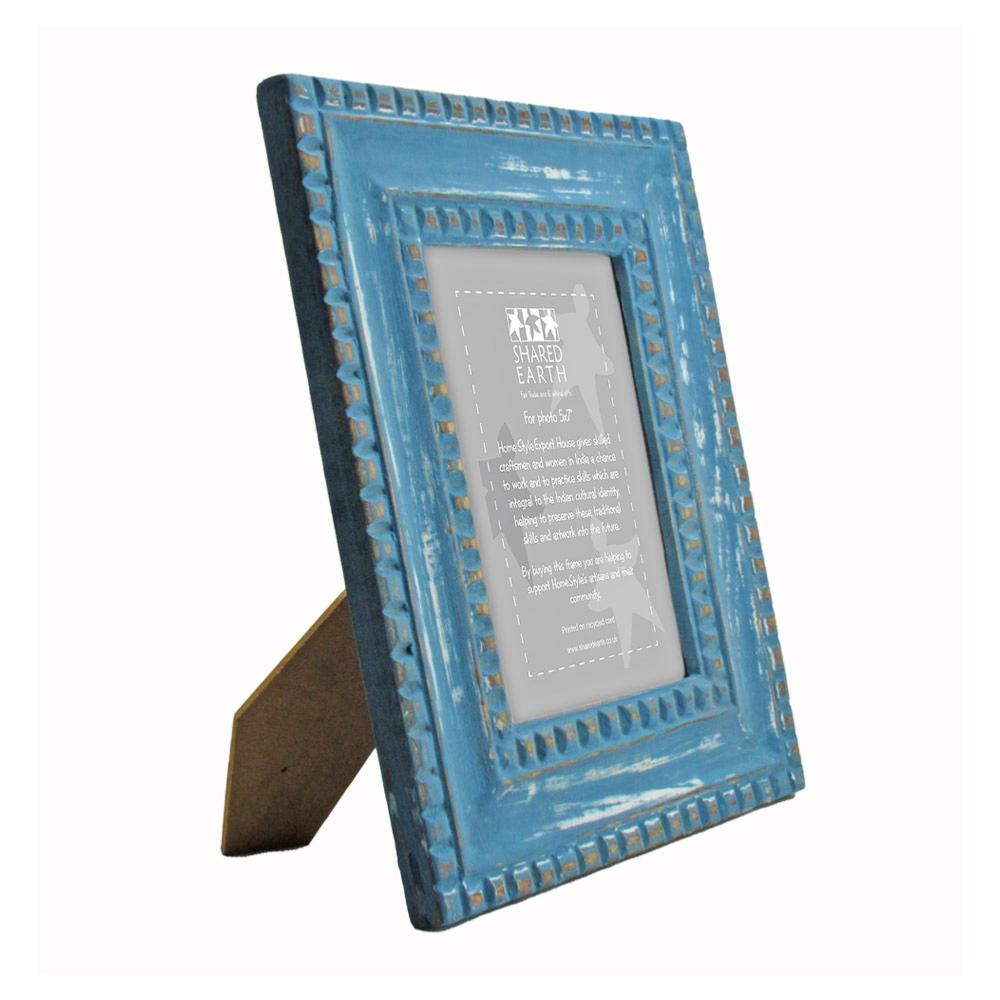 Blue Hand Carved Mango Wood Photo Frame - H052 - Uneeka