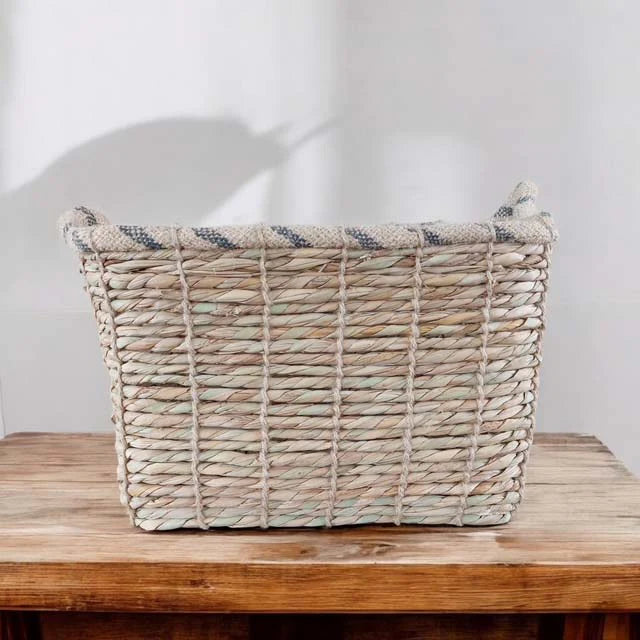 Blue Striped Rim Woven Rectangular Basket - sold individually - Uneeka