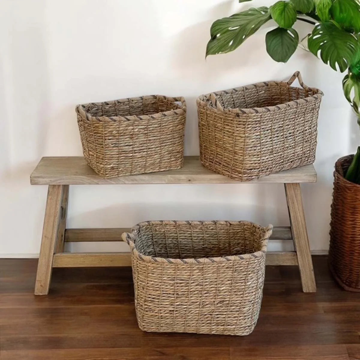 Blue Striped Rim Woven Rectangular Basket - sold individually - Uneeka