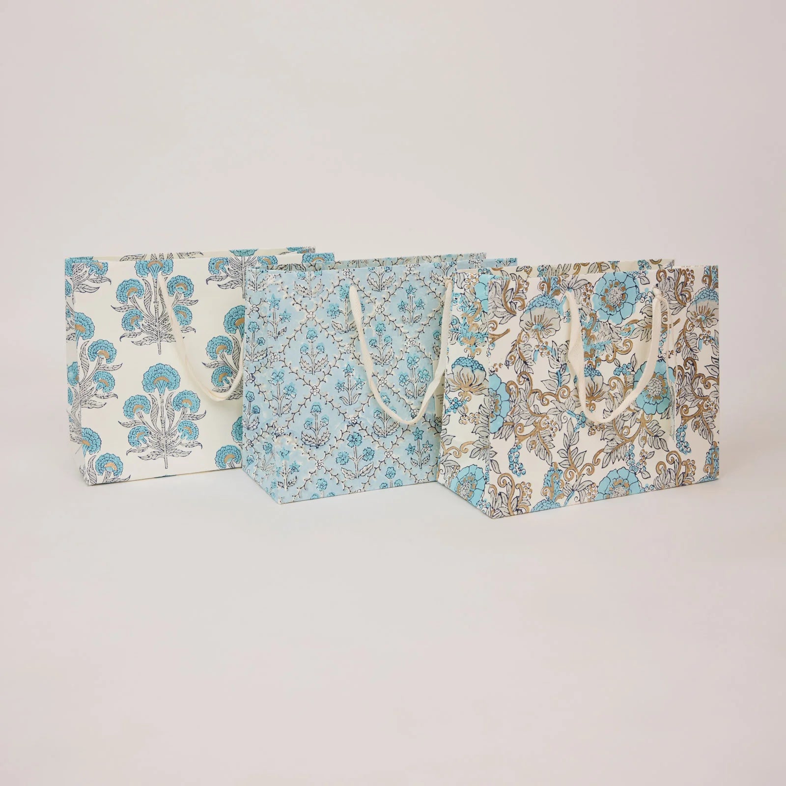Blue Block Print Medium Gift Bag - all three styles together - Uneeka