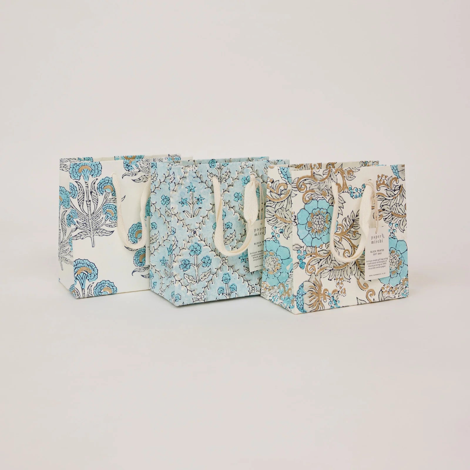 Blue Block Print Small Gift Bag - All three styles together - Uneeka