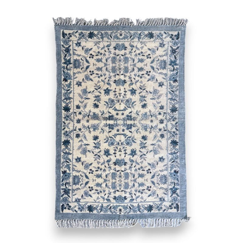 Blue & Cream Cotton Chenille Pattern Rug - 3246 - Uneeka
