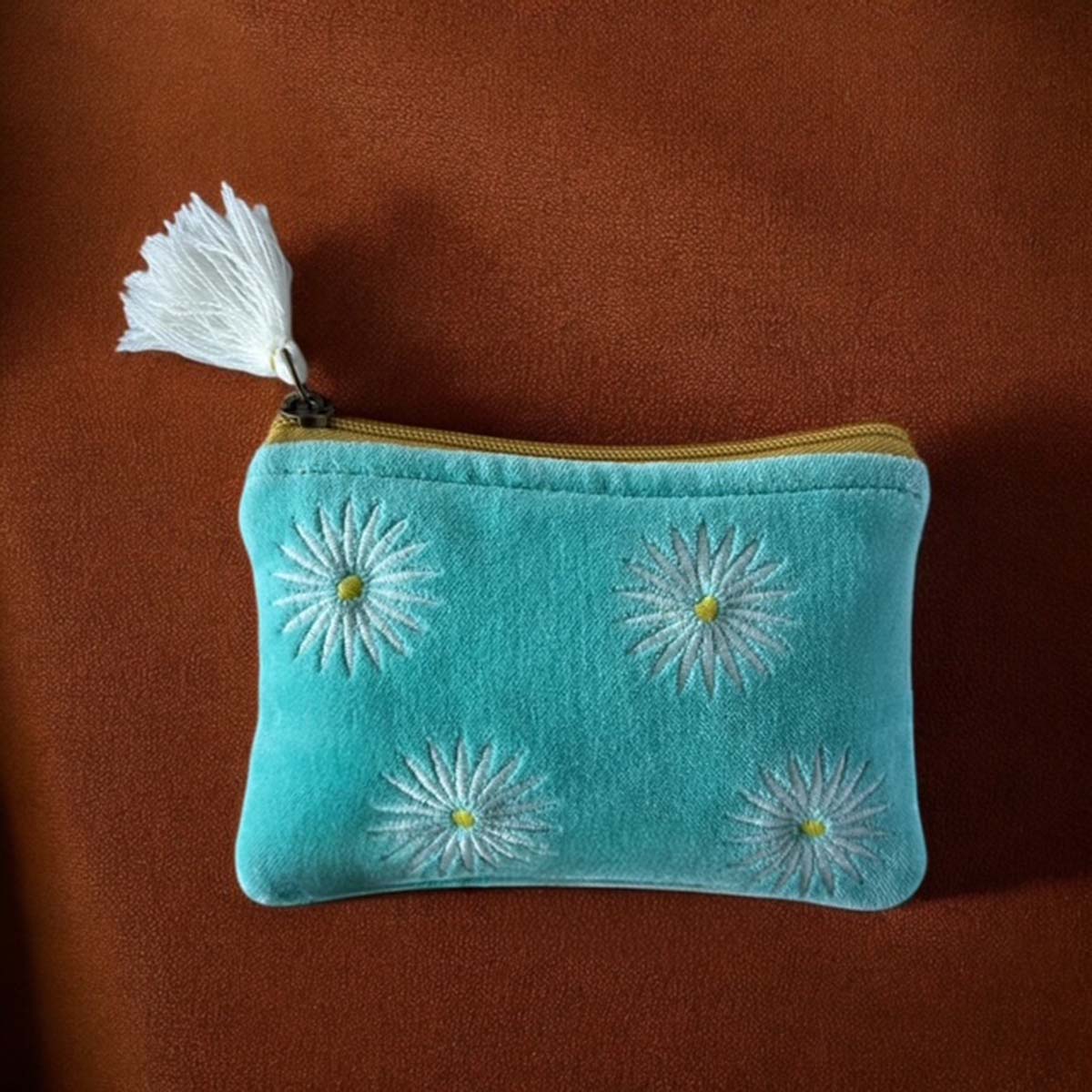 Blue Daisy Velvet Pouch With Tassel - Daisy sky blue velvet pouch - Uneeka