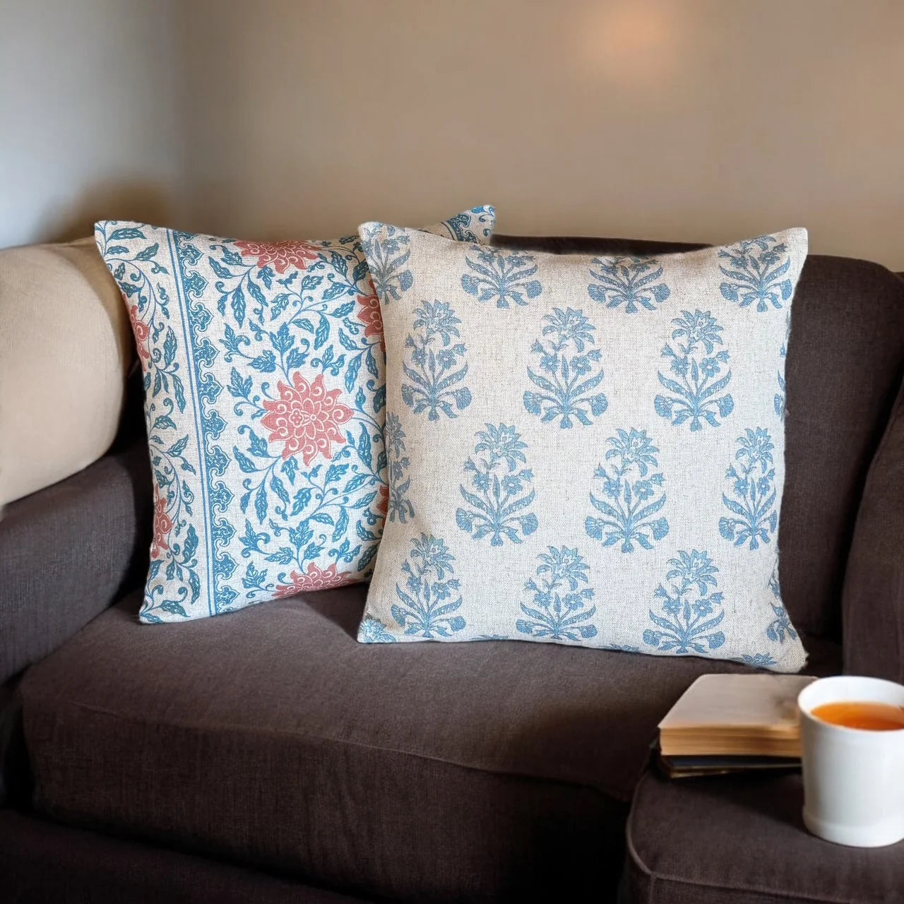 Blue & Red Oriental Floral Print Cushion - Vermini cushion - Uneeka