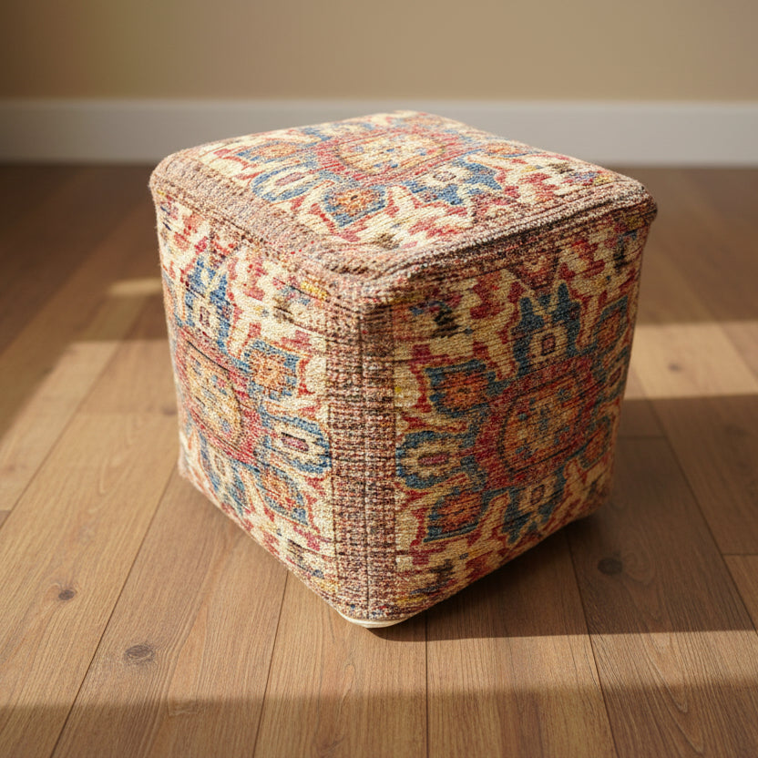 Blue & Red Printed Pattern Cotton Pouffe - 3221POUFFE - Uneeka