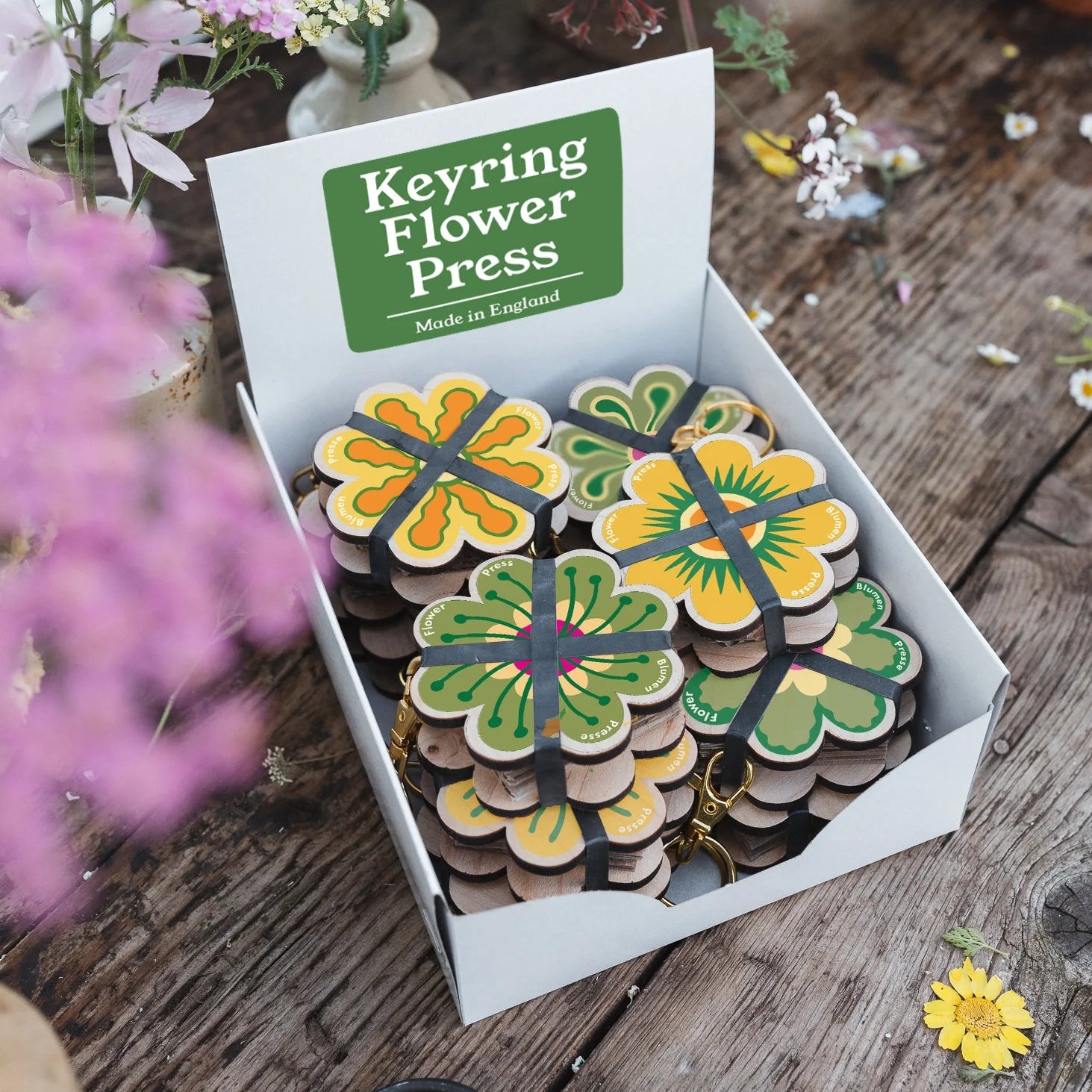 Assorted Green & Yellow Keyring Flower Press - WKPGY - Uneeka