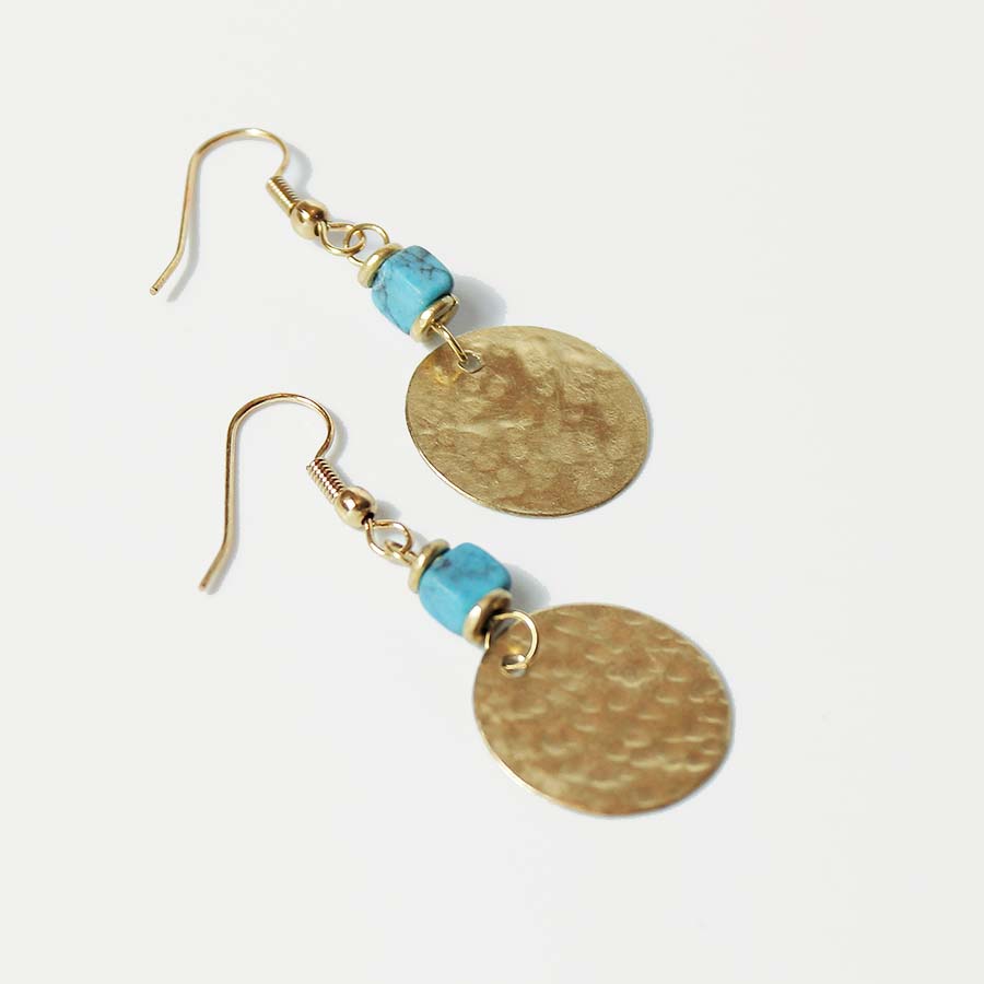 Brass Disc & Turquoise Chip Earrings